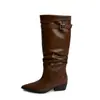 Botas de Caballero de Cuero de Vaca Ajuste Relajado Punta Puntiaguda Plisadas Fruncidas 2026 Invierno Tacón Medio Grueso Hebilla de Cinturón Cuero Genuino Caña Alta Botas Largas para Mujer