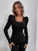 2026 Amazon Moda Femenina Europea y Americana Cuadrado Cuello Ajustado Manga de Cordero Punto Manga Larga Camiseta Top de Oficina en Stock