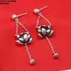 Plata Esterlina Pez Pequeño Flor en Brote Loto Fortuna Pendientes Largos Vintage Estilo Étnico Antiguo Pendientes Pendientes Pendientes Pendientes