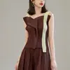 Top de Verano para Mujer Issey Miyake con un Toque de Moda de Alta Gama, Bloques de Color, Tirantes Asimétricos, Camiseta sin Mangas Versátil y Elegante para el Día a Día