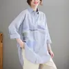 Camisa de Algodón Bordada de Longitud Media y Manga Larga 2026, Rayada Versátil Artística Talla Grande Blusa Holgada
