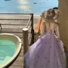 Vestido Morado con Mariposa Tridimensional en Tirantes, Vestido Largo de Malla, Vestido de Tirantes Suave, Tejido de Punto, Corte Ajustado, con Etiquetas
