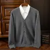 Cárdigan de Lana para Hombre Estilo Otoño e Invierno 100% Lana Pura Engrosado Cuello en V Holgado Suéter Prenda Exterior de Edad Media Camiseta Base de Punto