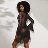 Amazon Saia de Renda Transparente Camadas de Babados Longos Flare Manga Longa Decote V Slim Fit Malha Sexy Camisola Feminina 1230