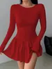 Amazon Ropa Europea y Americana para Mujer Transfronteriza Otoño e Invierno Color Sólido Ajuste Delgado Elegante Vestido Corto de Manga Larga Moda Europea y Americana