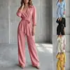 Macacão casual de moda novo, estilo europeu e americano, cor sólida, gola V, manga longa, perna larga, solto, feminino, 2026, transfronteiriço