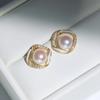 Aretes de Aguja de Plata S925 Perla Natural de Agua Dulce Oro de 14k Nota Moda Viajes Simple Circonita Micro-incrustada Aretes de Perlas