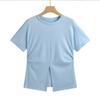 Algodón de Seda Verano Nuevo Estilo Cintura Ceñida Color Sólido Manga Enrollada Diseño con Abertura Camiseta de Manga Corta 2026 Camiseta Adelgazante para Mujer 243