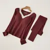 Conjunto Íntimo Térmico de Cashmere e Seda com Renda em V, Manga Longa, Feminino, Veludo Quente Aquecido, Roupa de Baixo Justa e Confortável, Conjunto Íntimo de Outono
