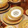 Juego de vajilla de cerámica de Jingdezhen, juego de cuencos y platos de color esmaltado, combinación de cuenco, plato y plato de porcelana ósea estilo palacio para uso doméstico