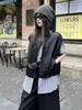 Colete de couro patchwork listrado de alta qualidade, estilo duas peças falsas, para mulheres, modelagem solta, emagrecimento, casual, jaqueta sem mangas versátil