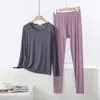 Conjunto de dos piezas de modal para casa talla grande para primavera y otoño, camiseta de manga larga fina con cuello redondo sin costuras y conjunto de pantalones