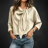 Camisa feminina moderna de estilo europeu e americano com laço para amarrar e gola fluida, top de manga longa para outono e inverno
