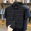 Camiseta Listrada de Manga Curta de Verão para Homens de Meia-Idade, Blusa Casual Masculina Solta com Gola Redonda