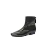 Botines cortos de alta calidad~Piel de vaca de primera capa, punta cuadrada pequeña, tacón bajo para mujer, elegantes, versátiles, cómodos, adecuados para ir al trabajo, botas de mujer de corte ajustado