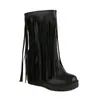 Botas Casuais Femininas de Couro com Bico Redondo Botas Estilo Martin com Mangas Botas com Franjas Sapatos Femininos de Salto Anabela Botas de Comércio Exterior