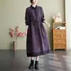 Vestido Estampado Artístico, Material de Algodón y Lino de Otoño, Vestido Largo Holgado con Mangas Largas y Cuello Camisero