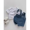 Conjunto de Mono con Camiseta para Niños Traje de Verano de Mezclilla con Pantalones Cortos para Niños Conjunto de Dos Piezas con Camiseta Blanca de Manga Corta