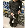 Camiseta Básica com Bloqueio de Cores Listrada em Preto e Cinza, Manga Longa, Masculina e Feminina, Outono, Camada Base Fina, Solta, Estilo Preguiçoso Americano, Tendência