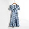 Verano Nuevo Estilo Francés Hong Kong Moda Cintura Adelgazante Ajustado Retro Cuello Cuadrado Vestido Estampado Venta al Mayoreo
