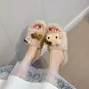 Pantuflas de dibujos animados para casa con suelas gruesas para otoño e invierno, pantuflas de peluche de gato lindas de punta abierta para interior, pantuflas de algodón