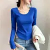 Camiseta de Algodón con Hilo Manga Larga para Mujer Estilo Nuevo Primavera y Otoño Versátil Dobladillo Curvo Irregular Top para Mujer Ajustado Capa Base