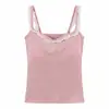 Estilo dulce y sexy, camisola con volantes y bordado de letras con copas incorporadas, adecuada para usar como prenda exterior o como capa base