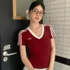 5219 # Camiseta de Manga Corta con Bloques de Color y Cuello en V Estilo Dulce Nuevo de Verano con Corte Ajustado y Almohadillas Fijas en el Pecho