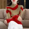 Camiseta Interior de Manga Larga con Cuello Alto y Estampado de Terciopelo Engrosado para Primavera y Otoño para Mujeres de Mediana Edad y Mayores, Top de Gama Alta que Cubre el Vientre