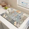 Tapete Drenante de Tierra de Diatomeas con Diseño de Azulejo Floral Estilo Americano para Encimera de Cocina, Tapete Aislante de Calor, Tapete Absorbente de Agua y Aceite para Mesa de Comedor, Tapete a Prueba de Polvo
