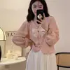 Camisa Rosa de Cuello en V con Lazo y Mangas Abullonadas Diseño Femenino Nicho Primavera Francesa Dulce y Chic Top Corto