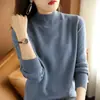 Elegante y con estilo suéter de cuello alto medio para mujer, corte holgado y adelgazante, adecuado para primavera, otoño e invierno, fino y ligero, camiseta interior de punto negro de manga larga