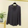 Primavera Otoño Suelto Talla Grande Top Camiseta de Manga Larga de Modal para Mujer Estilo Delgado Cubre Imperfecciones Hace Delgado Cuello Redondo Color Sólido Camiseta Base