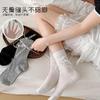 Meias Femininas Primavera e Verão Algodão Fino Renda Laço Meia de Comprimento Médio Estilo Ballet Renda Lolita Meias Amontoadas
