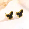 Popular Set de Pendientes Doble Cara de Mariposa con Acabado Dorado, Diseño de Nicho, Acero de Titanio Nácar, Collar y Pulsera de Alta Gama Transfronteriza 18K