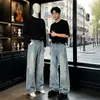 Jeans desgastados rotos estilo americano premium para hombre, otoño, pierna recta holgada, largo hasta el suelo, lavados, adelgazantes, pierna ancha
