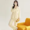 Pijama de Algodão Imitado para Mulheres, Manga Longa e Calça Longa, Cardigã para Primavera e Outono, Estilo Casual Simples de Alta Qualidade, Conjunto de Pijama Plus Size para Mulheres