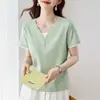 Camiseta feminina de manga curta com gola V e ombros normais 2026 novo estilo de verão quente roupas femininas estilosas top soltinho de meia-manga camiseta de algodão