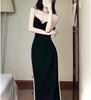 Vestido de Tirantes Retro Estilo Hepburn Diseño para Mujer Nicho Abertura Falda Larga Sexy Elegante Cintura Pequeño Vestido Negro