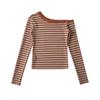 Y1915-24 Verão Novo Estilo Americano Listrado Colorido Retrô Meninas Quentes Sexy Cruzado Manga Longa Base Top Camiseta