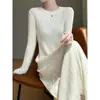 Vestido de punto de manga larga para mujer para llevar debajo de un abrigo, otoño e invierno, de longitud media, elegante, versátil, adelgazante, vestido suéter básico