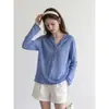 Cárdigan de punto azul con cuello medio abierto y protección solar para mujer, camiseta casual holgada de manga larga estilo "old money" para verano, top ajustado