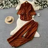 Conjunto de camisa estilo commuter para mujer, atuendo de dos piezas de verano, entallado a la cintura, adelgazante, atuendo para el trabajo, pantalones anchos casuales de corte holgado