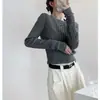 Suéter de Punto para Mujer Otoño e Invierno Cuello Redondo Corto Tejido de Trenzas Capa Base Ropa Exterior Retro Jersey Ceñidor de Cintura