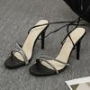 Sandalias de cordones de comercio exterior para mujer Verano 2024 nuevo estilo de hada punta cuadrada talla grande tacón de aguja punta abierta de cordones Romanos tacones altos