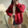 Cardigan de Tricô Estilo Novo Preguiçoso Chique com Bolsos de Botão, Suéter Casaco Feminino Outono e Inverno Macio com Decote V Solto de Comprimento Médio