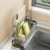 Novo escorredor de pia organizador de aço inoxidável, um item popular de recompra, para pias de cozinha, sem necessidade de perfuração, grande capacidade