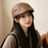 Gorra de piel sintética de PU, unisex, retro y elegante, con panel frontal brillante, estilo británico, visera corta, gorra de vendedor de periódicos, adecuada para otoño e invierno, gorra octogonal