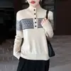 Suéter de punto de lana pura para mujer con cuello camisero de medio botón, nueva moda otoño e invierno, adelgazante y versátil, jacquard retro coreano