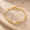 Pulsera de aleación chapada en oro para mujer, cadena de doble capa, cuentas redondas blancas, 16.5-17 cm, líneas geométricas electrochapadas, moderna para OL